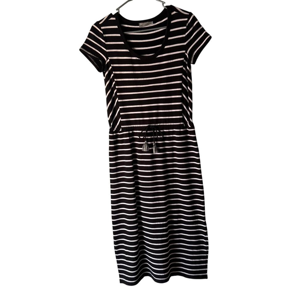 t by Talbots Black White Striped Midi Dress XS Tassel Tie Casual Preppy UPF 50